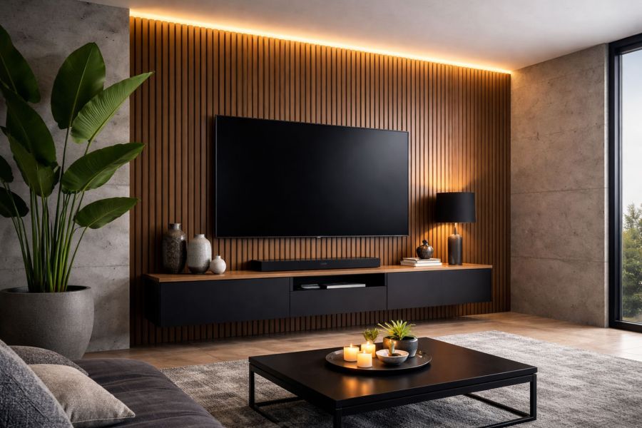 Akustiklamellenwand Wohnzimmer
