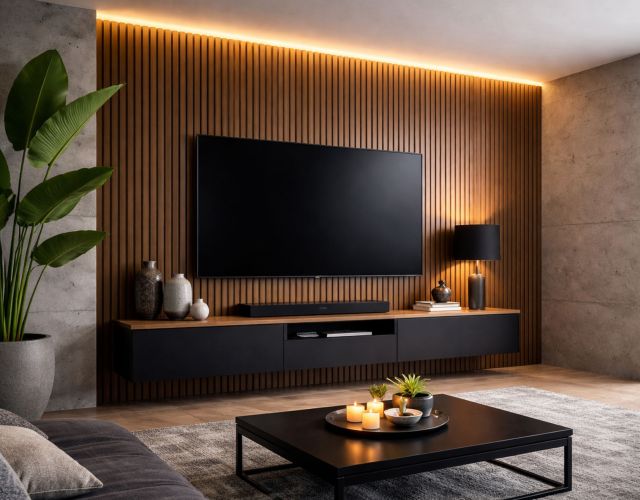 Akustiklamellenwand Wohnzimmer